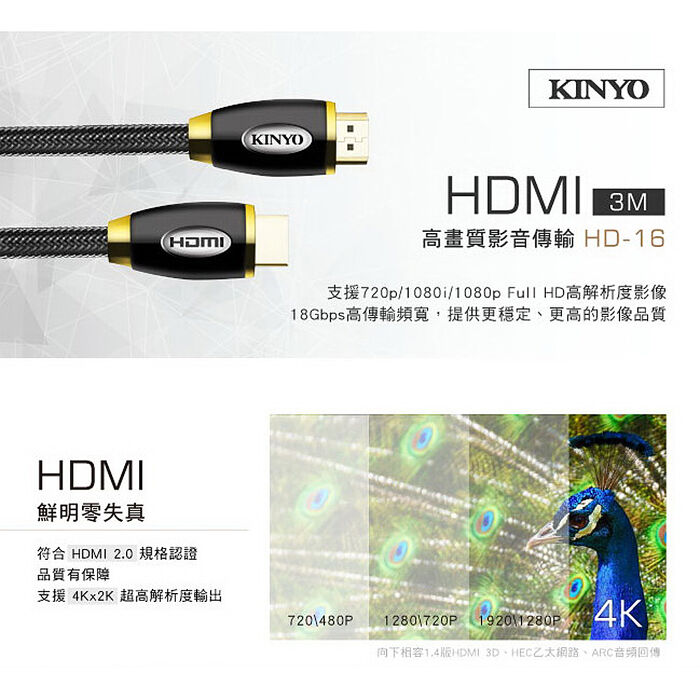 KINYO HDMI(公對公)鍍金接頭傳輸編織線-3M(HD-16)