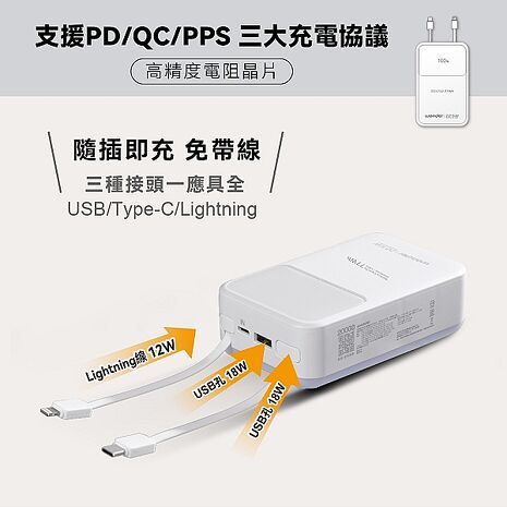 WONDER 可拆線式快充行動電源(20000mAh)白 WA-P10B