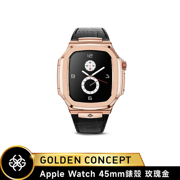 【Golden Concept】Apple Watch 45mm 黑皮革錶帶 玫瑰金錶框 WC-ROL45-RG-BK