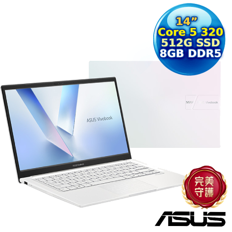 ASUS Vivobook 14 X1404MA-0061W320 幻彩白 14吋筆電(Core 5 320/8G/512G PCIe/14/FHD/W11)