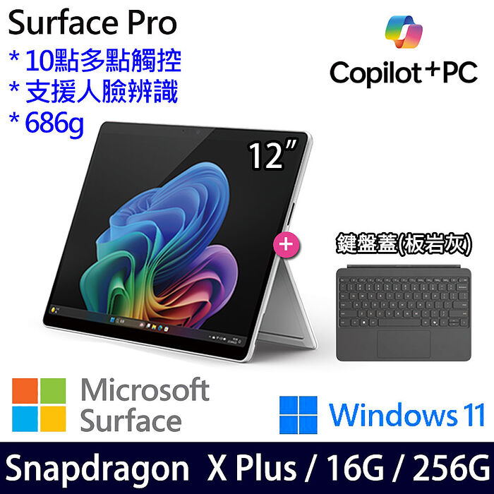 Microsoft微軟 Surface Pro 12吋 白金 觸控AI筆電 X1P-42-100/16G/256G/W11/繁中【鍵盤蓋組不含筆】