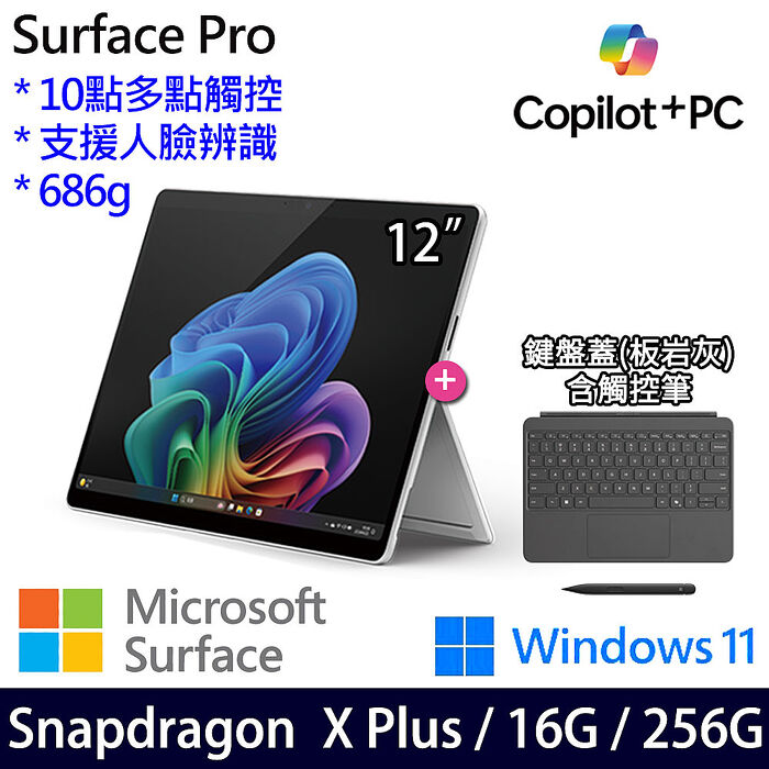 Microsoft微軟 Surface Pro 12吋 白金 觸控AI筆電 X1P-42-100/16G/256G/W11/繁中【鍵盤蓋+手寫筆組】