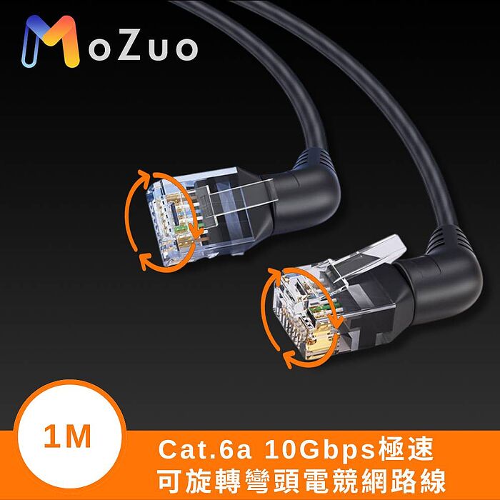 魔宙 Cat.6a 10Gbps極速 可旋轉彎頭電競網路線 黑 1米