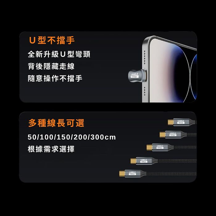 【魔宙】U型 Type-C Gen2數據線100W快充 4K60Hz視頻數據線 2米