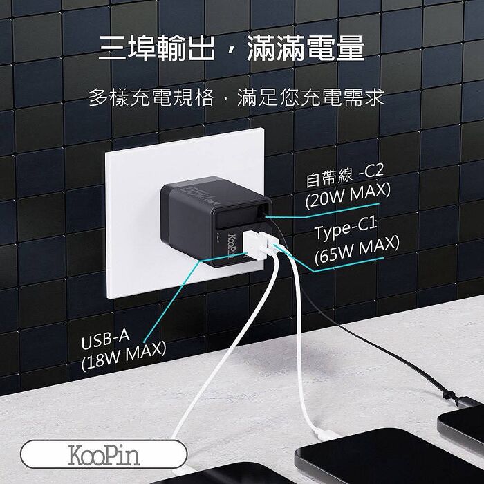 KooPin 台灣製造 65W氮化鎵 自帶Type-C伸縮線 三輸出快速充電器(支援PD、QC快充)