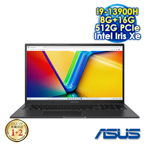 ASUS Vivobook 17X K3704VA-0052K13900H 搖滾黑 17.3吋筆電 (FHD IPS/Intel i9-13900H/8G+16G DDR4/512G PCIE SSD/WIN 11)【記憶體升級特仕版】【華碩限時優惠組】
