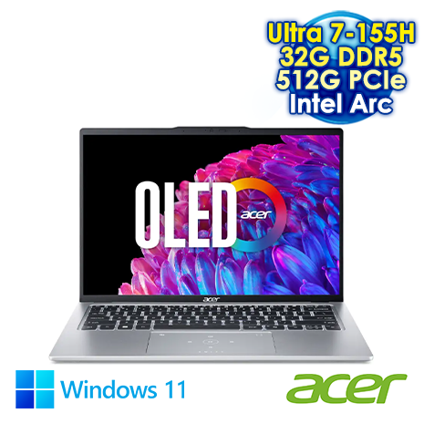 【AI新紀元M365大方送】ACER Swift Go 14 SFG14-73-790E 銀 14吋AI&Evo筆電 (2.8K OLED 90Hz/Intel Ultra 7-155H/32G DDR5/512G PCIE SSD/WIN 11)