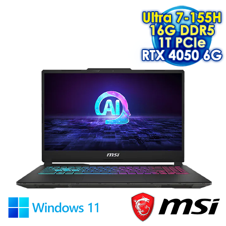 MSI Cyborg 15 AI A1VEK-015TW 黑 15.6吋AI電競筆電 (FHD IPS 144Hz/Intel Ultra 7-155H/16G DDR5/1T PCIE SSD/NVIDIA RTX 4050 6G/WIN 11)【MSI電競豪禮送】