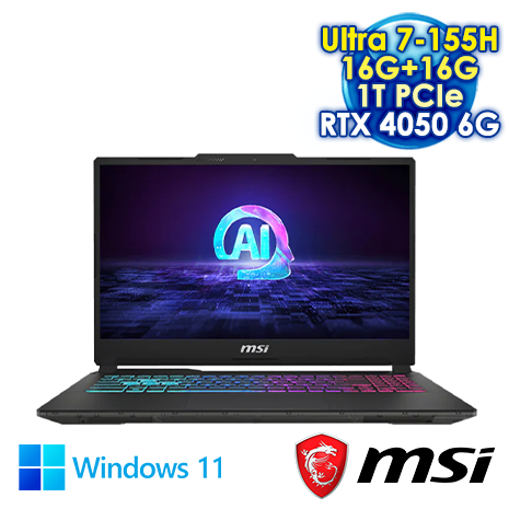 【記憶體升級特仕版】MSI Cyborg 15 AI A1VEK-015TW 黑 15.6吋AI電競筆電 (FHD IPS 144Hz/Intel Ultra 7-155H/16G+16G DDR5/1T PCIE SSD/NVIDIA RTX 4050 6G/WIN 11)