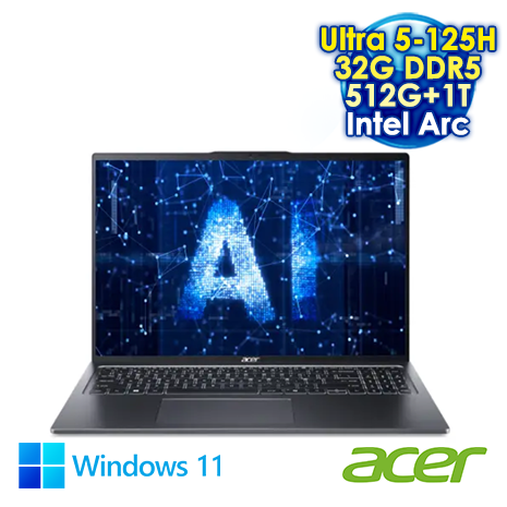 ACER Swift Go 16 SFG16-72-57WR 灰 16吋AI&Evo筆電 (3.2K OLED/Intel Ultra 5-125H/32G DDR5/512G+1T PCIE SSD/Intel Arc/WIN 11)【硬碟升級特仕版】