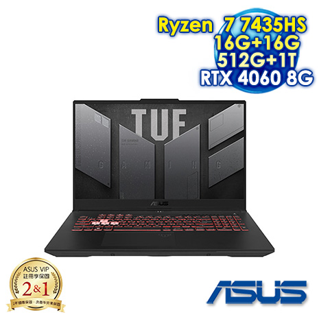 ASUS TUF Gaming A17 FA707NVR-0022B7435HS 御鐵黑 17.3吋電競筆電 (FHD IPS 144Hz/AMD Ryzen  7 7435HS/16G+16G DDR5/512G+1T PCIE SSD/NVIDIA RTX 4060 8G/WIN 11)【全面升級特仕版】