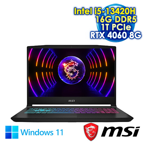 MSI KATANA-15-B13VFK-1471TW 黑 15.6吋電競筆電 (FHD IPS 144Hz/Intel i5-13420H/16G DDR5/1T PCIE SSD/RTX 4060 8G/WIN 11)