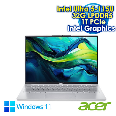 ACER Swift Lite 14 SFL14-54M-54EW 銀 14吋AI輕薄筆電 (WUXGA IPS NTSC 45%/Ultra 5-115U/32G DDR5/1T PCIE SSD/WIN 11)【硬碟升級特仕版】【開學活動】