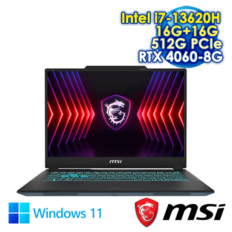MSI Cyborg 14 A13VF-026TW 黑 14吋電競筆電 (FHD+ IPS 144Hz/Intel i7-13620H/16G+16G DDR5/512G PCIE SSD/NVIDIA RTX 4060 8G/WIN 11)【記憶體升級特仕版】【MSI電競豪禮送】