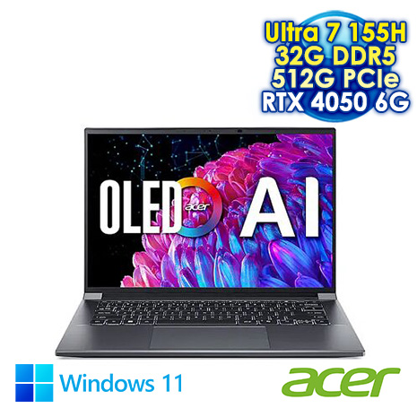 ACER Swift X 14 SFX14-72G-736M 灰 14.5吋AI筆電 (WQXGA 2.8K OLED/Intel Ultra 7-155H/32G DDR5/512G SSD/RTX 4050-6G/WIN 11)