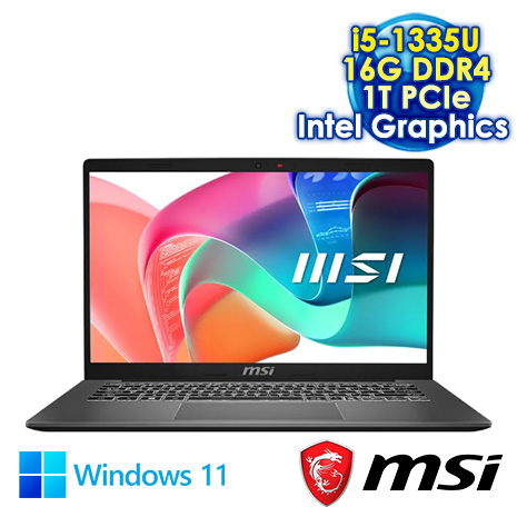 MSI Modern 14 F13MG-201TW 黑 14吋商用筆電 (FHD IPS/Intel Core i5-1335U/8G*2 DDR4/1T PCIE SSD/WIN 11)【硬碟升級特仕版】