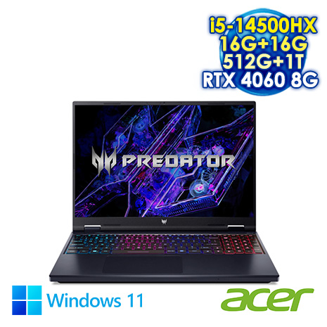 ACER Predator Helios Neo 16 PHN16-72-5271 黑 16吋電競筆電 (WQXGA IPS 180Hz/Intel i5-14500HX/16G+16G DDR5/512G+1T PCIE SSD/NVIDIA RTX 4060 8G/WIN 11)【全面升級特仕版】