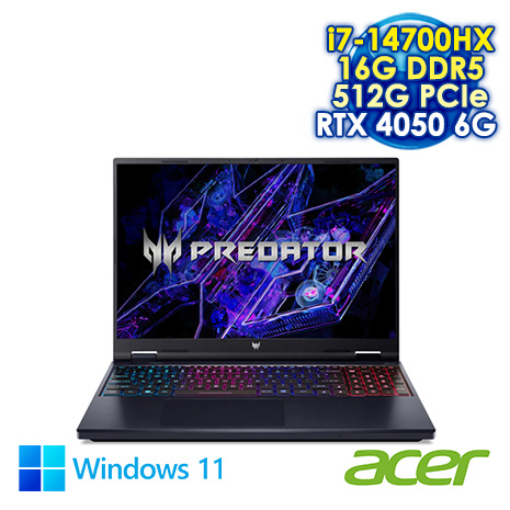 ACER Predator Helios Neo 16 PHN16-72-75W3 黑 16吋電競筆電 (WQXGA IPS 180Hz/Intel i7-14700HX/16G DDR5/512G PCIE SSD/NVIDIA RTX 4050 6G/WIN 11)