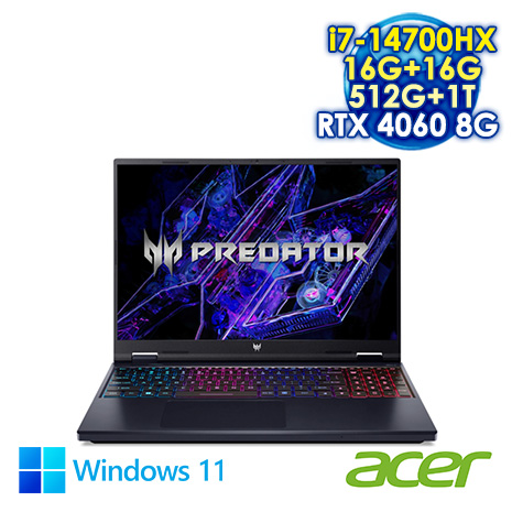 ACER Predator Helios Neo 16 PHN16-72-76MR 黑 16吋電競筆電 (WQXGA IPS 180Hz/Intel i7-14700HX/16G+16G DDR5/512G+1T PCIE SSD/NVIDIA RTX 4060 8G/WIN 11)【全面升級特仕版】