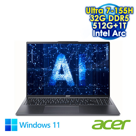 ACER Swift Go 16 SFG16-72-74C7 灰 16吋AI&Evo筆電 (3.2K OLED/Intel Ultra 7-155H/32G DDR5/512G+1T PCIE SSD/Intel Arc/WIN 11)【硬碟升級特仕版】