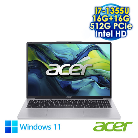 ACER Aspire Lite 16 AL16-52P-74BU 銀 16吋筆電 (WUXGA IPS/Intel i7-1355U/16G+16G DDR5/512G SSD/WIN 11)【記憶體升級特仕版】
