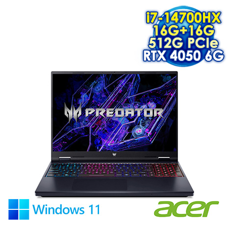 ACER Predator Helios Neo 16 PHN16-72-75W3 黑 16吋電競筆電 (WQXGA IPS 180Hz/Intel i7-14700HX/16G+16G DDR5/512G PCIE SSD/NVIDIA RTX 4050 6G/WIN 11)【記憶體升級特仕版】