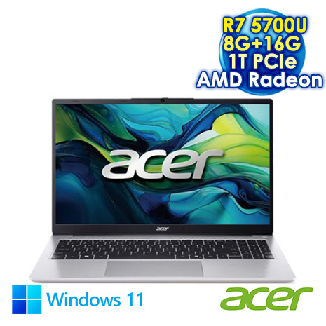 ACER Aspire Lite 15 AL15-41P-R0YW 銀 15.6吋筆電 (FHD IPS NTSC 45%/AMD Ryzen7 5700U/8G+16G DDR4/1T PCIE SSD/WIN 11)【全面升級特仕版】