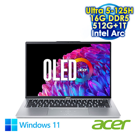 ACER Swift Go 14 SFG14-73-50MV 銀 14吋AI&EVO筆電 (WUXGA OLED/Intel Ultra 5-125H/16G DDR5/512G+1T PCIE SSD/WIN 11)【硬碟升級特仕版】