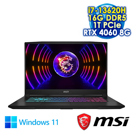 MSI KATANA17-B13VFK-089TW 黑 17.3吋電競筆電 (FHD IPS 144Hz/Intel i7-13620H/16G DDR5/1T PCIE SSD/RTX 4060 8G/WIN 11)