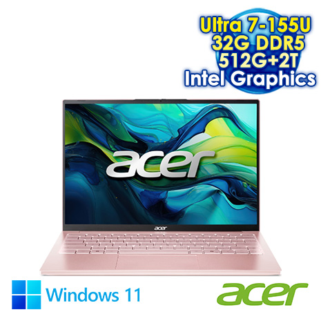 ACER Swift Lite 14 SFL14-54M-71C8 晨曦粉 14吋AI輕薄筆電 (WUXGA IPS NTSC 45%/Intel Ultra 7-155U/32G DDR5/512G+2T PCIE SSD/WIN 11)【硬碟升級特仕版】