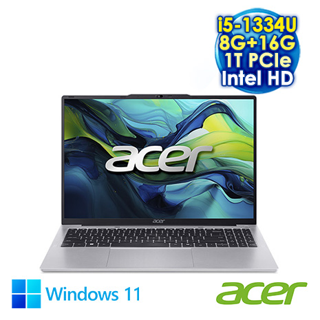 ACER Aspire Lite 16 AL16-52P-58ZE 銀 16吋筆電 (WUXGA IPS/Intel i5-1334U/8G+16G DDR5/1T SSD/WIN 11)【全面升級特仕版】