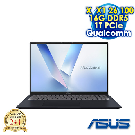 ASUS Vivobook 16 X1607QA-0061B126100 午夜藍 16吋AI筆電 (WUXGA IPS/Snapdragon X X1 26 100/16G DDR5/1T PCIE SSD/WIN 11)【涼夏好禮送】