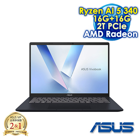 ASUS Vivobook 14 M1407KA-0021B340H 午夜藍 14吋筆電 (WUXGA IPS/AMD Ryzen AI 5 340/16G+16G DDR5/2T PCIE SSD/WIN 11)【全面升級特仕版】