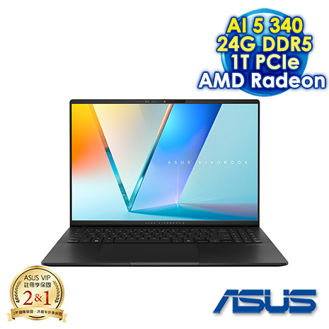 ASUS Vivobook S 16 OLED M5606KA-0058K340H 極致黑 16吋AI筆電 (3K OLED 120Hz/AMD Ryzen AI 5 340/24G DDR5/1T PCIE SSD/WIN 11)