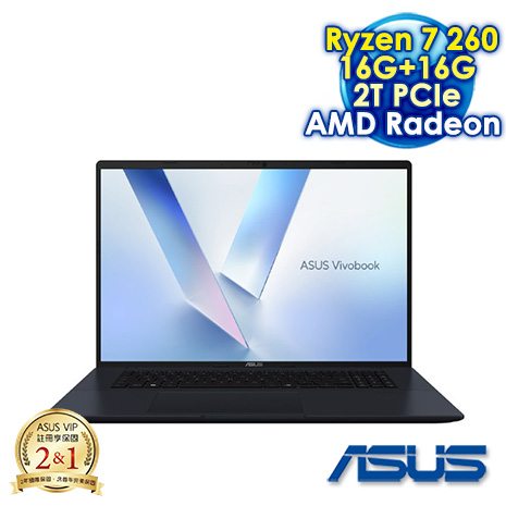 ASUS Vivobook 18 M1807HA-0061B260H 午夜藍 18.4吋筆電 (WUXGA IPS 144Hz/AMD Ryzen 7 260/16G+16G DDR5/2T PCIE SSD/WIN 11)【全面升級特仕版】