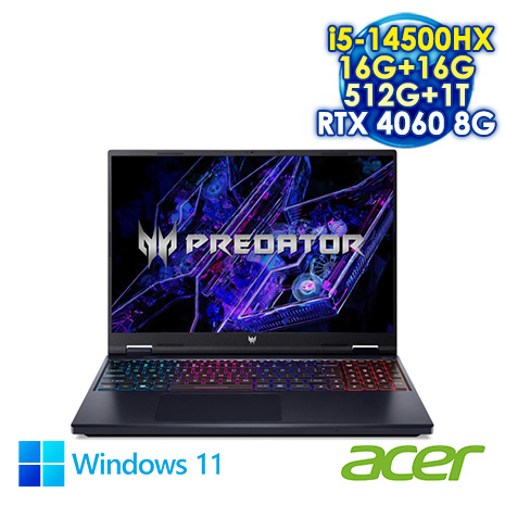 ACER Predator Helios Neo PHN16-72-504C 黑 16吋電競筆電 (WQXGA IPS 180Hz/Intel i5-14500HX/16G+16G DDR5/512G+1T PCIE SSD/NVIDIA RTX 4060 8G/WIN 11)【全面升級特仕版】