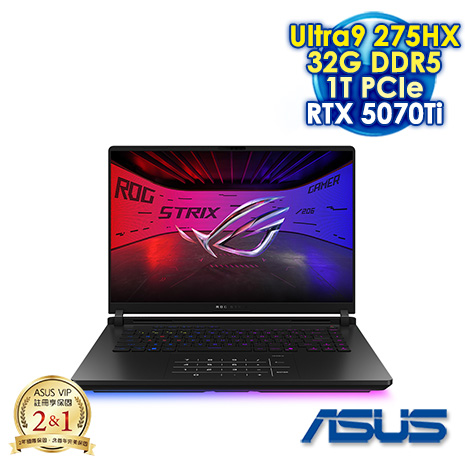 ASUS ROG Strix SCAR G16 G635LR-0031A275HX-NBLM 闇夜黑 16吋電競筆電 (2.5K Mini LED 240Hz/Ultra 9 275HX/32G DDR5/1T PCIE SSD/NVIDIA RTX 5070Ti 12G/WIN 11)