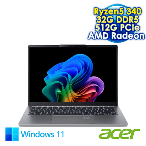ACER Swift Go SFG14-64-R2L5 銀 14吋AI筆電 (2.8K OLED/Ryzen AI 5 340/32G DDR5/512G PCIE SSD/WIN 11)