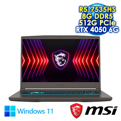 MSI Thin A15 B7VE-031TW 灰 15.6吋電競筆電 (FHD IPS 144Hz/AMD R5-7535HS/8G DDR5/512G PCIE SSD/RTX 4050 6G/WIN 11)【MSI豪禮大放送】