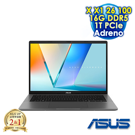 Vivobook S14 S3407QA-0022G26100 夜幕灰 14吋AI筆電 (2.5K IPS/Snapdragon X X1 26 100/16G DDR5/1T PCIE SSD/WIN 11)