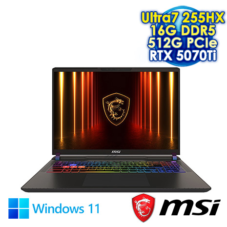 MSI Vector 16 HX AI A2XWHG-049TW 黑 16吋電競筆電 (FHD+ IPS 144Hz/Intel Ultra7 255HX/16G DDR5/512G PCIE SSD/RTX 5070Ti 12G/WIN 11)