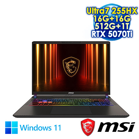 MSI Vector 16 HX AI A2XWHG-049TW 黑 16吋電競筆電 (FHD+ IPS 144Hz/Intel Ultra7 255HX/16G+16G DDR5/512G+1T PCIE SSD/RTX 5070Ti 12G/WIN 11)【全面升級特仕版】