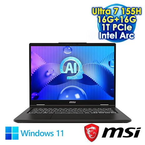 MSI Venture 14 AI A1MG-004TW 黑 14吋AI筆電 (2.8K OLED 120Hz/Intel Ultra 7 155H/16G+16G DDR5/1T PCIE SSD/WIN 11)【記憶體升級特仕版】