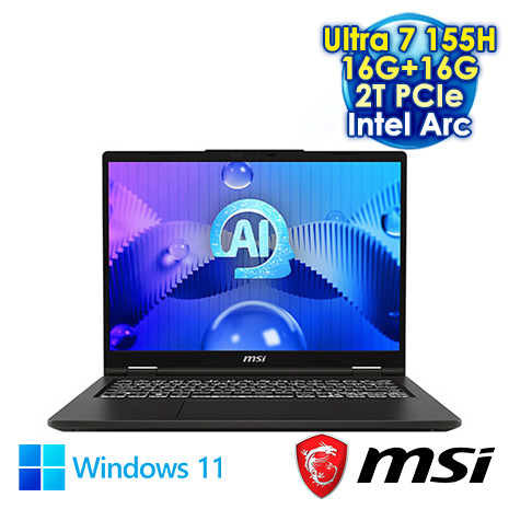 MSI Venture 14 AI A1MG-004TW 黑 14吋AI筆電 (2.8K OLED 120Hz/Intel Ultra 7 155H/16G+16G DDR5/2T PCIE SSD/WIN 11)【全面升級特仕版】