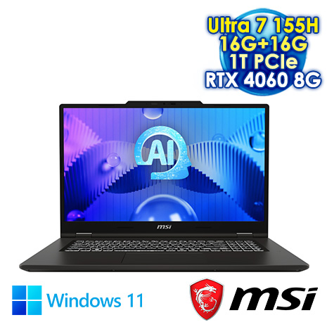MSI VenturePro 17 AI A1VFG-003TW 黑 17.3吋AI筆電 (FHD 144Hz/Intel Ultra 7 155H/16G+16G DDR5/1T PCIE SSD/RTX 4060 8G/WIN 11)【記憶體升級特仕版】