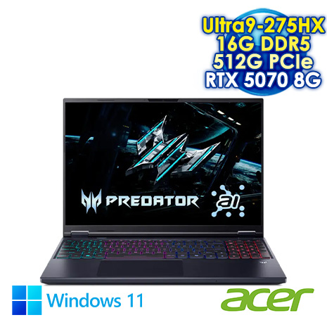 ACER Predator Helios Neo 16 PHN16-73-92G5 黑 16吋電競筆電 (WQXGA IPS 240Hz/Intel Ultra9 275HX/16G DDR5/512G PCIE SSD/NVIDIA RTX 5070 8G/WIN 11)