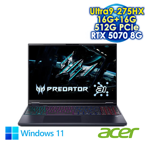 ACER Predator Helios Neo 16 PHN16-73-92G5 黑 16吋電競筆電 (WQXGA IPS 240Hz/Intel Ultra9 275HX/16G+16G DDR5/512G PCIE SSD/NVIDIA RTX 5070 8G/WIN 11)【記憶體升級特仕版】