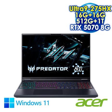 ACER Predator Helios Neo 16 PHN16-73-92G5 黑 16吋電競筆電 (WQXGA IPS 240Hz/Intel Ultra9 275HX/16G+16G DDR5/512G+1T PCIE SSD/NVIDIA RTX 5070 8G/WIN 11)【全面升級特仕版】