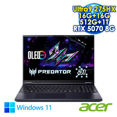 ACER Predator Helios Neo 16 PHN16-73-92G5 黑 16吋電競筆電 (WQXGA IPS 240Hz/Intel Ultra9 275HX/16G+16G DDR5/512G+1T PCIE SSD/NVIDIA RTX 5070 8G/WIN 11)【全面升級特仕版】