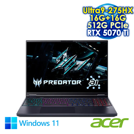 ACER Predator Helios Neo 16 PHN16-73-965Q 黑 16吋電競筆電 (WQXGA IPS 240Hz/Intel Ultra9 275HX/16G+16G DDR5/512G PCIE SSD/NVIDIA RTX 5070Ti 12G/WIN 11)【記憶體升級特仕版】